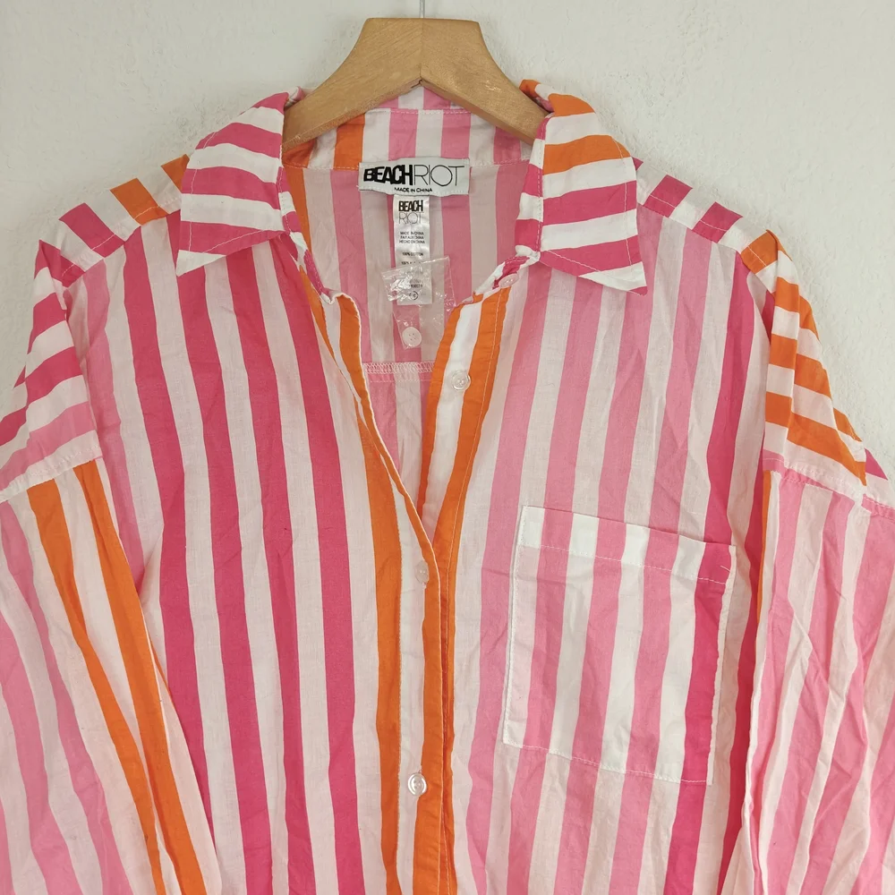 Beach Riot Nwot Alexa Coverup Button Down Sunset Stripes Pink Orange Sz L/XL - Picture 7 of 14